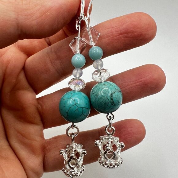 SALE! 3" dangle earrings in silver tone metal with glass, stone, ceramic beads! - Picture 7 of 10